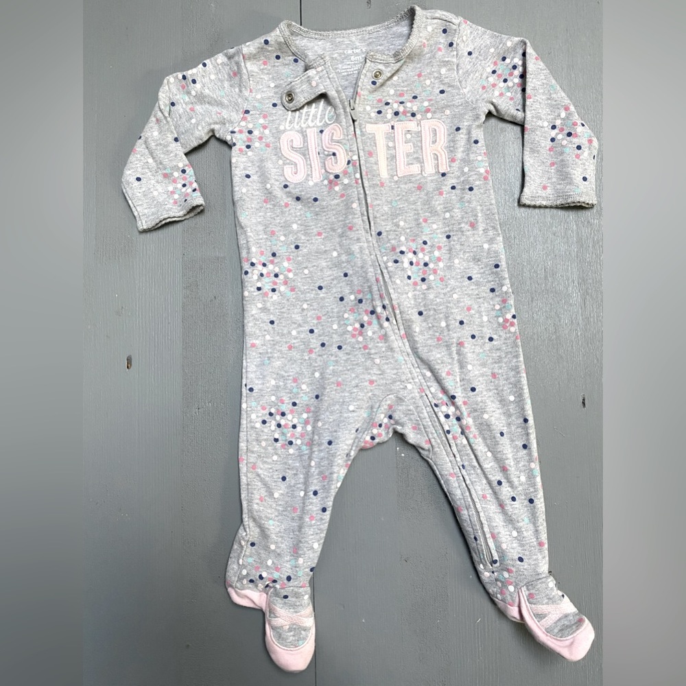 Carters Infant's 6M Onesie Zipper & footed grey “Little Sister” Polka dots Flaws